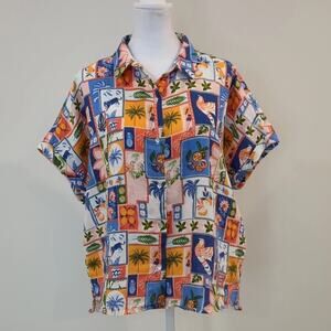 CC California Womens Boxy Boho Floral Birds Print Button Up Shirt 100% Linen M